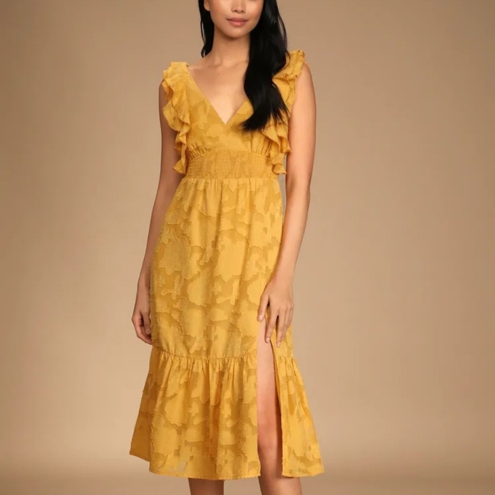 Lulus marigold burnout floral tie back midi dress